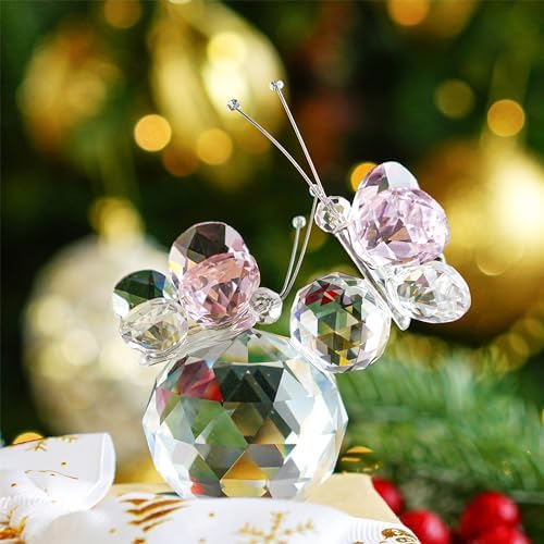 HD Pink Crystal Butterfly Figurine with Crystal Ball Base