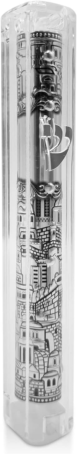 Talisman4u Jerusalem Clear Mezuzah Case with Scroll Silver Ornament