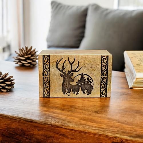 Handcrafted Wooden Cremation Urn with Deer Engraving