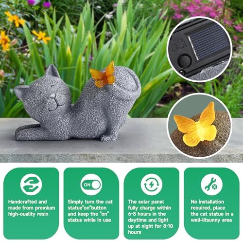 Solar Cat Garden Statue with Glowing Butterfly