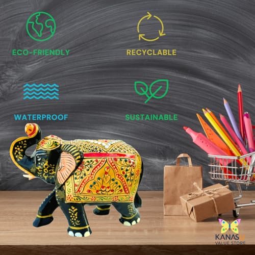 Handcrafted Wooden Elephant Figurine with Gold and Gemstone Details