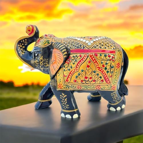 Handcrafted Wooden Elephant Figurine with Gold and Gemstone Details