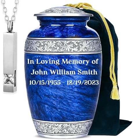 Personalized Blue Urn for Human Ashes with Necklace