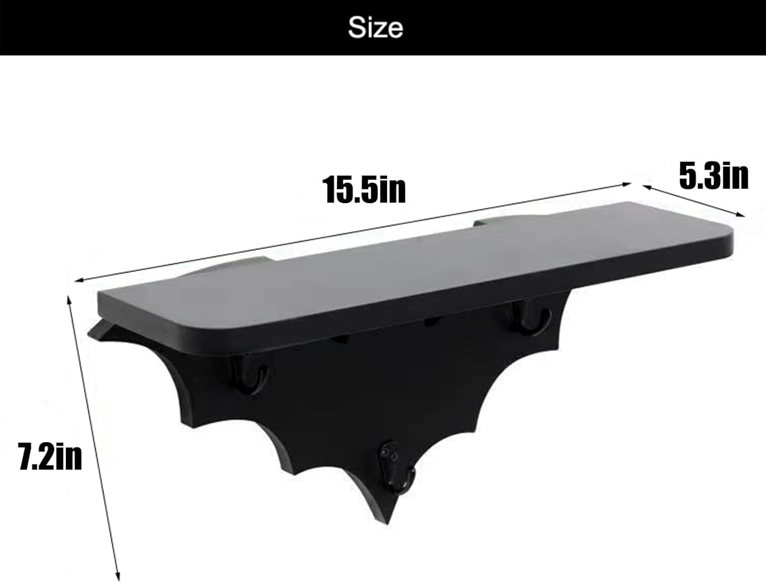 Bat Floating Shelf with 3 Key Hooks Black Wall Decor