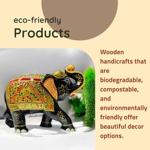 Handcrafted Wooden Elephant Figurine with Gold and Gemstone Details