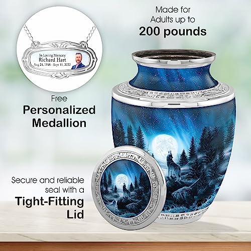 Personalized Wolf Medallion Cremation Urn - 200lbs Handcrafted Ashes Urn with Velvet Bag