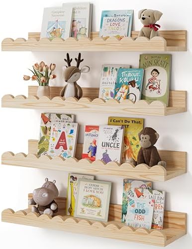 Shario 4-Pack Floating Wood Book Shelves for Kids Wall