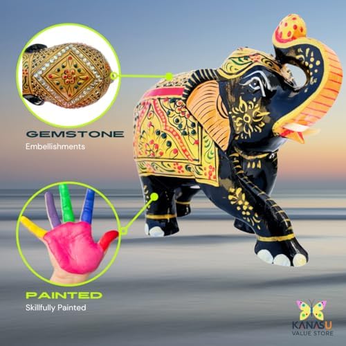 Handcrafted Wooden Elephant Figurine with Gold and Gemstone Details