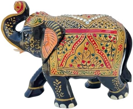 Handcrafted Wooden Elephant Figurine with Gold and Gemstone Details