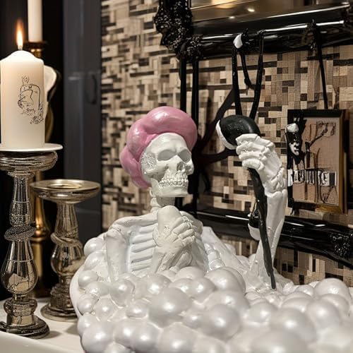 Whimsical Halloween Skeleton in Pink Bath Tub Figurine