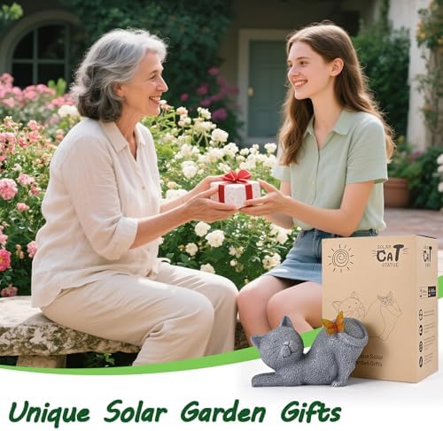 Solar Cat Garden Statue with Glowing Butterfly
