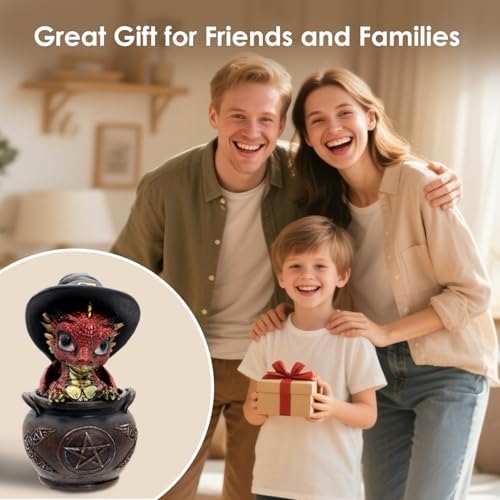 Mini Dragon Figurine with Witch Hat and Cauldron