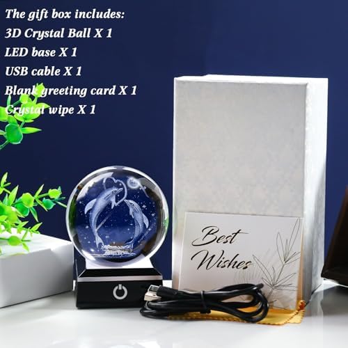3D Crystal Ball Dolphin Night Light Snow Globe with LED Base