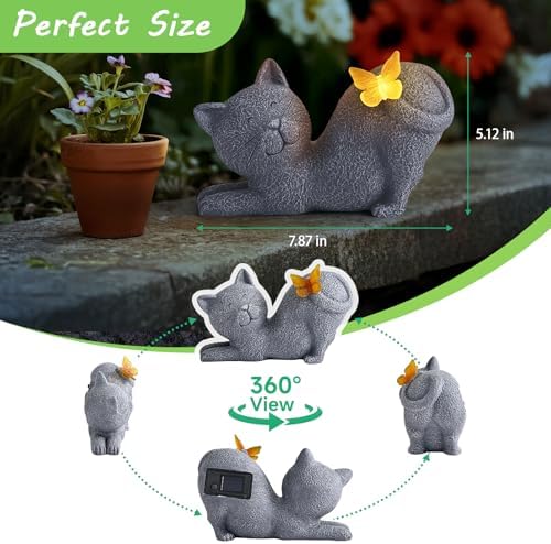 Solar Cat Garden Statue with Glowing Butterfly