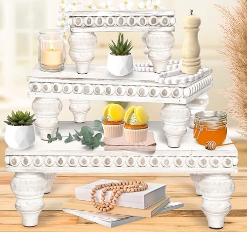 Wooden Tiered Tray Stand Set of 3 White Farmhouse Decor