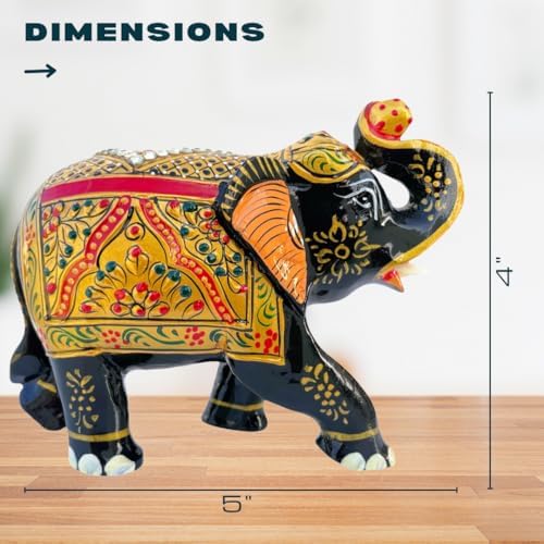Handcrafted Wooden Elephant Figurine with Gold and Gemstone Details