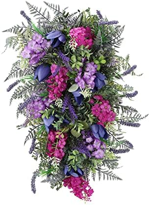 Spring Wreath for Front Door with Lavender Tulips and Green Leaves
