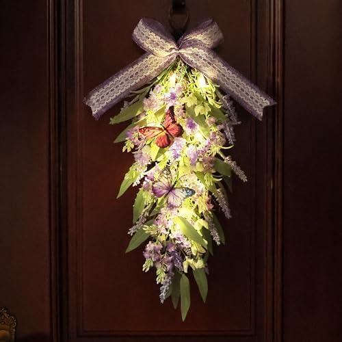 Jusdreen LED Teardrop Lavender Wreath with Butterflies