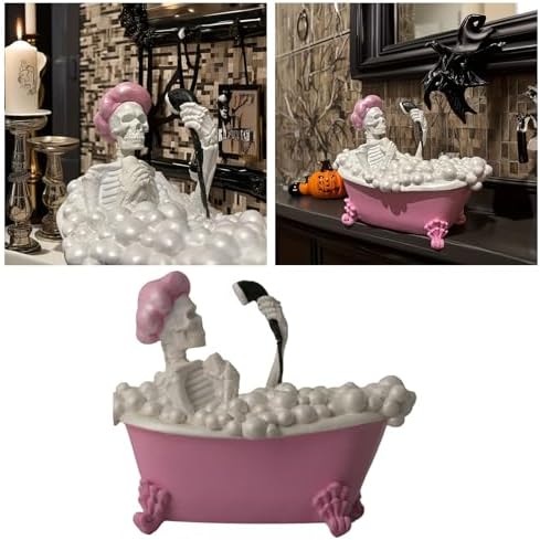 Whimsical Halloween Skeleton in Pink Bath Tub Figurine
