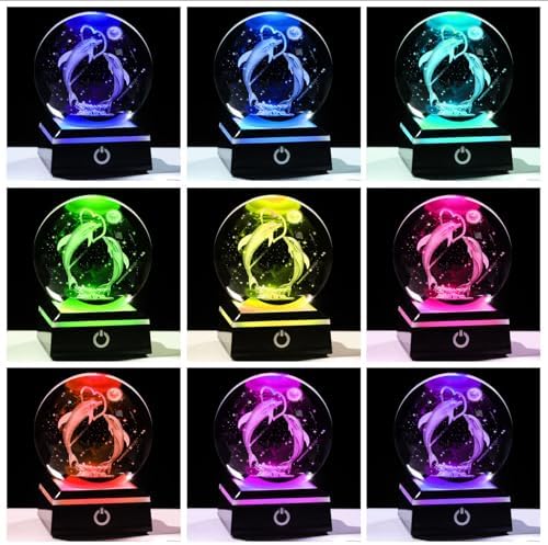3D Crystal Ball Dolphin Night Light Snow Globe with LED Base