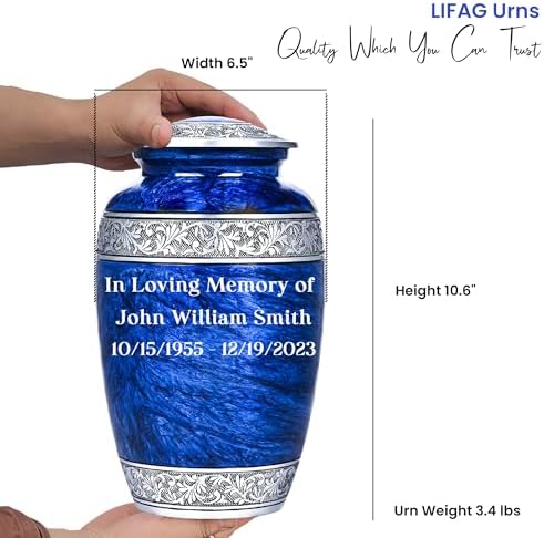 Personalized Blue Urn for Human Ashes with Necklace