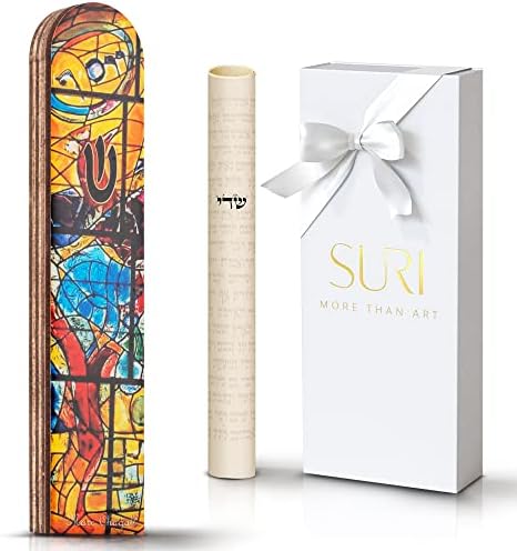 SURI Wooden Mezuzah with Non-Kosher Scroll 5 Inch Yellow Design
