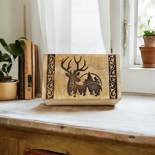 Handcrafted Wooden Cremation Urn with Deer Engraving