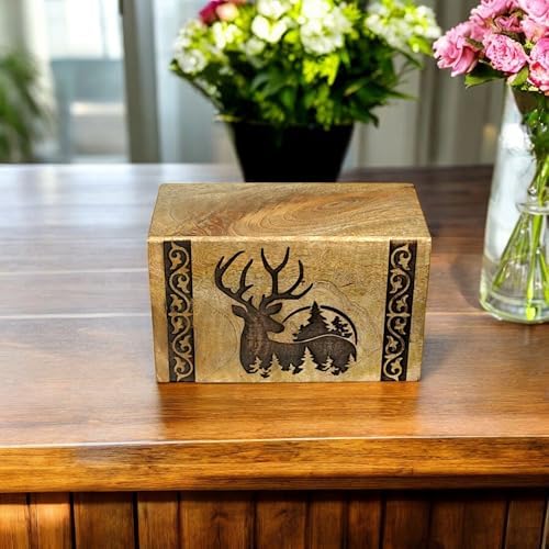 Handcrafted Wooden Cremation Urn with Deer Engraving