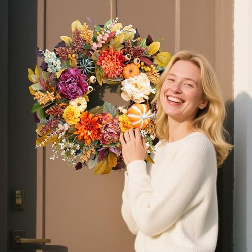 24 Inch Fall Wreath with Pumpkins and Leaves