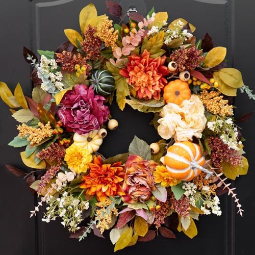 24 Inch Fall Wreath with Pumpkins and Leaves