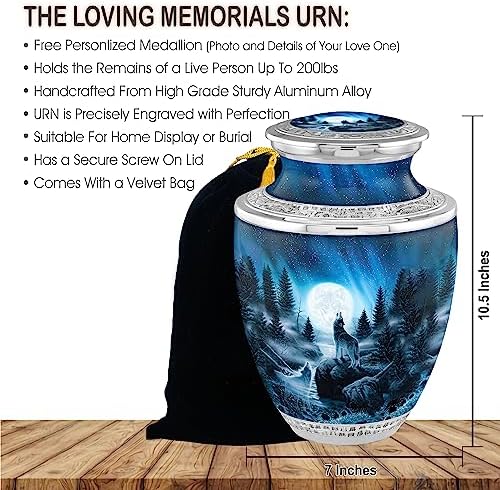Personalized Wolf Medallion Cremation Urn - 200lbs Handcrafted Ashes Urn with Velvet Bag