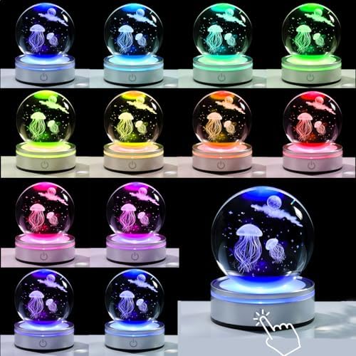 Movdyka 3D Crystal Jellyfish Night Light Decor Figurine