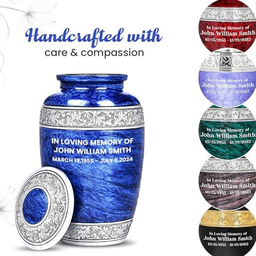 Personalized Blue Urn for Human Ashes with Necklace