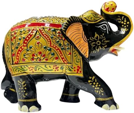 Handcrafted Wooden Elephant Figurine with Gold and Gemstone Details