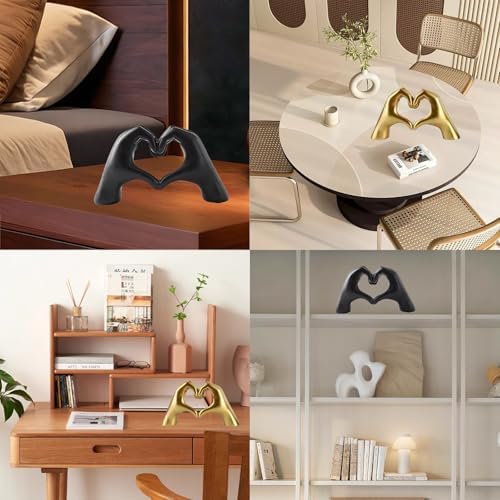 Panthra 2PCS Heart Hands Sculpture Heart Shaped Table Statue Gold Black