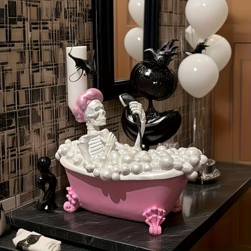 Whimsical Halloween Skeleton in Pink Bath Tub Figurine