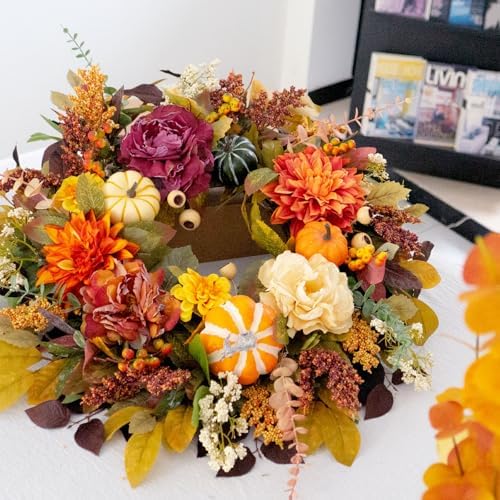 24 Inch Fall Wreath with Pumpkins and Leaves