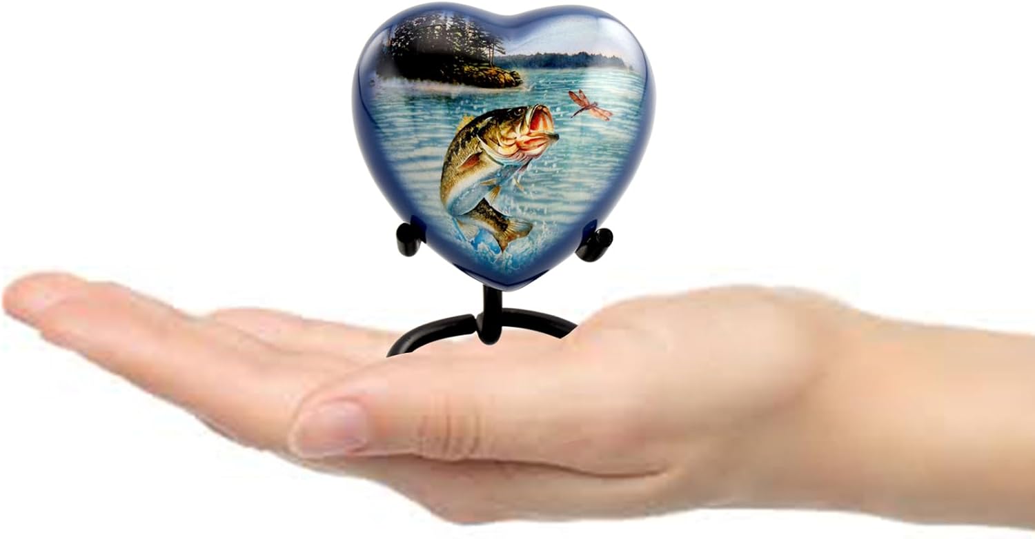 Bass Fishing Urn for Human Ashes - Handcrafted Cremation Urn with Velvet Case