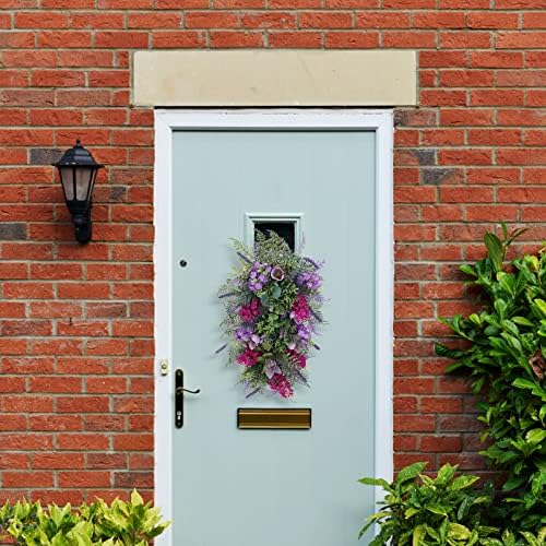 Spring Wreath for Front Door with Lavender Tulips and Green Leaves