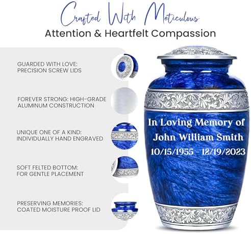 Personalized Blue Urn for Human Ashes with Necklace