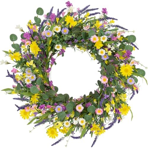 JFLORU 22 Inch Artificial Spring Wreath with Wildflowers