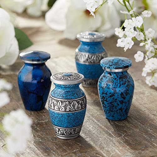 Reminded Small Cremation Urns Set of 4 Blue and Silver with Velvet Case
