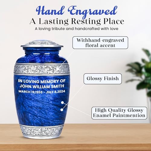 Personalized Blue Urn for Human Ashes with Necklace
