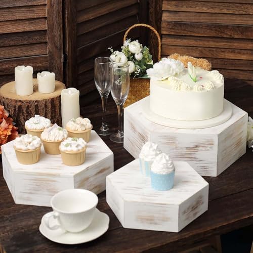 Efavormart Set of 3 Whitewashed Hexagonal Wood Dessert Holders