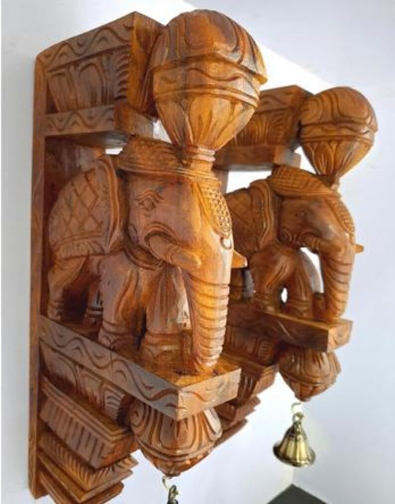 Wood Elephant Wall Bracket with Brass Bells Home Decor Set