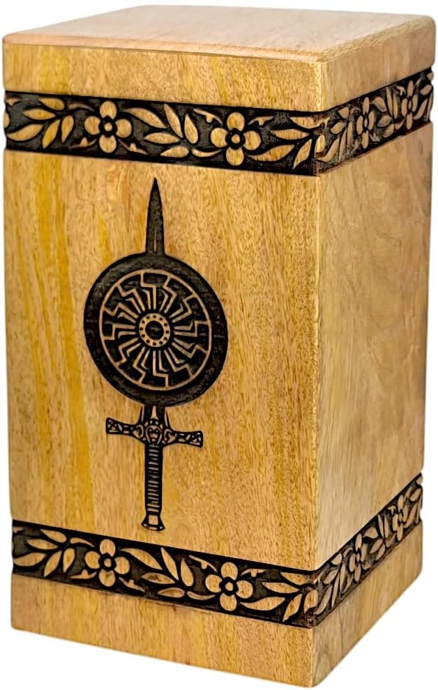 Handcrafted Wooden Cremation Urn with Warrior Design