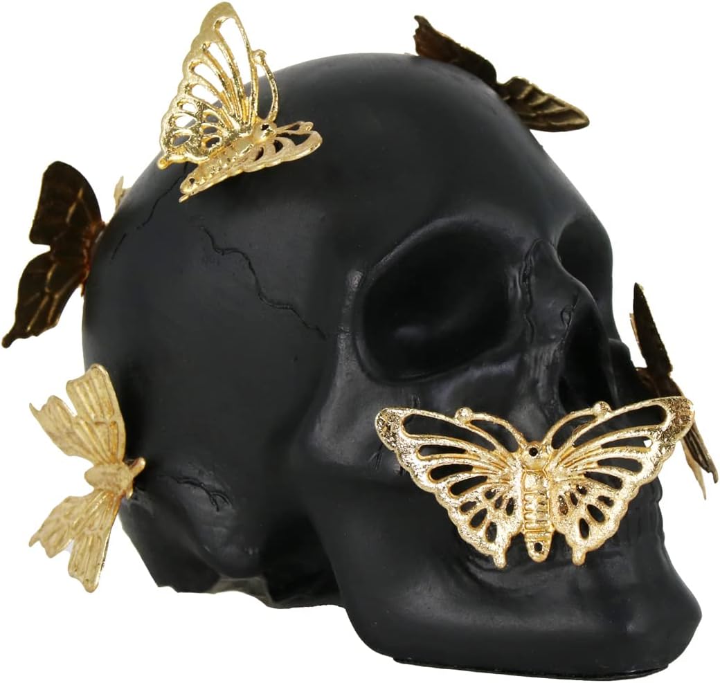 Black Skull Statue with Gold Butterfly Halloween Decor