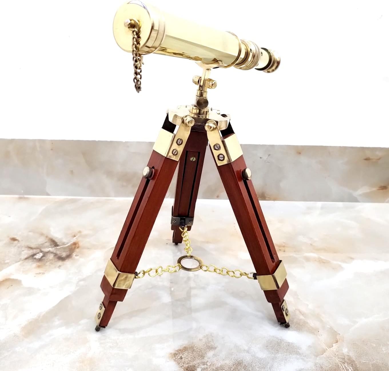 Golden Polish Maritime Brass Telescope with Adjustable Wooden Tripod Stand