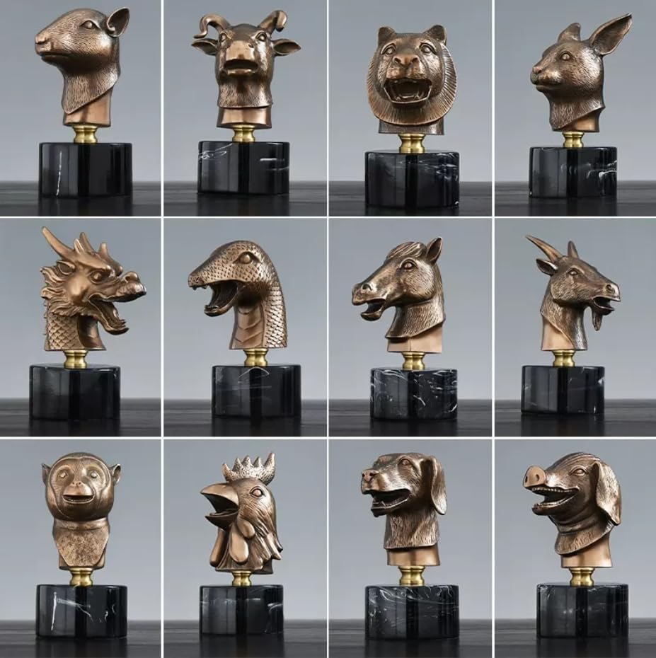 Chinese Zodiac Animal Head Sculptures with Bronze Finish and Marble Base 1