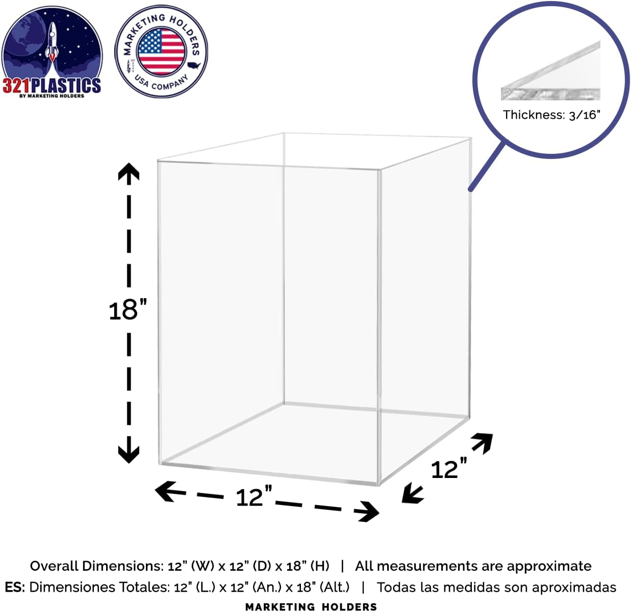 12x12x18 Clear Acrylic Display Box with Open Side